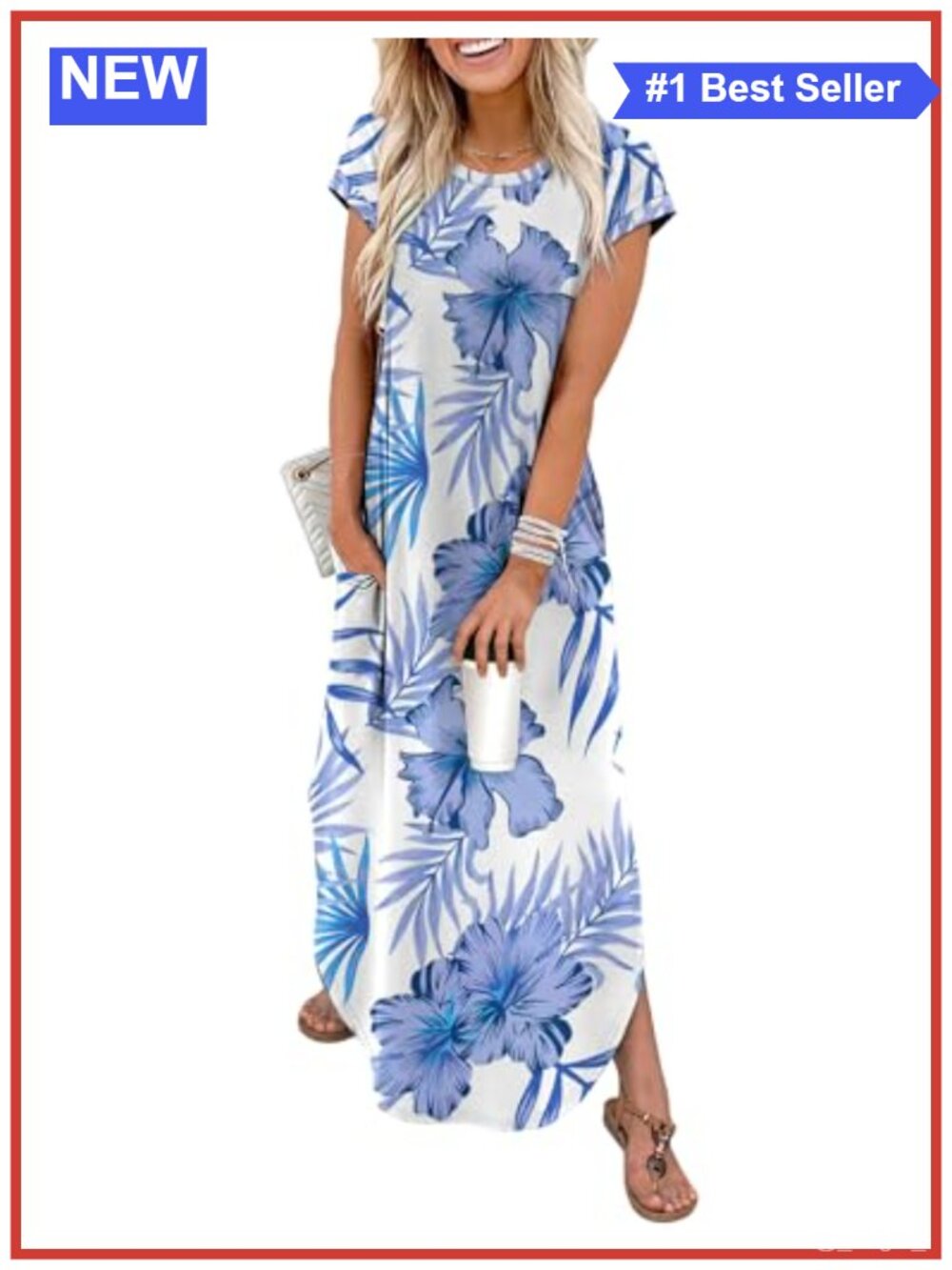Cap Sleeve Crew Neck Maxi Dress with Pockets Casual Vacation Beach Summer Flowy